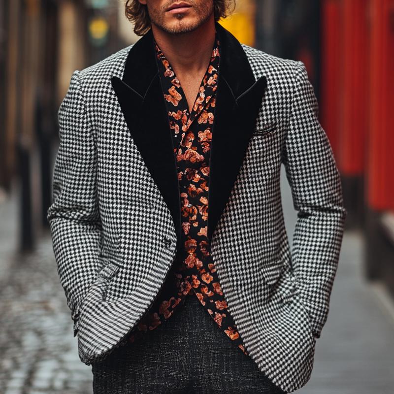 Casual Houndstooth Peak Lapel Blazer