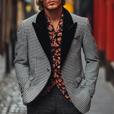 Casual Houndstooth Peak Lapel Blazer