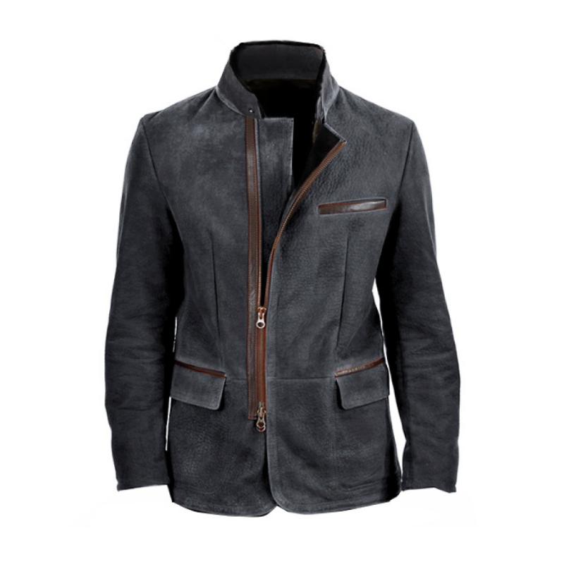 Vintage Stand Collar Suede Contrast Leather Zipper Placket Blazer