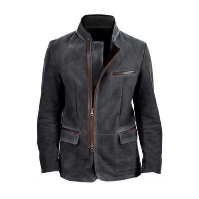 Vintage Stand Collar Suede Contrast Leather Zipper Placket Blazer