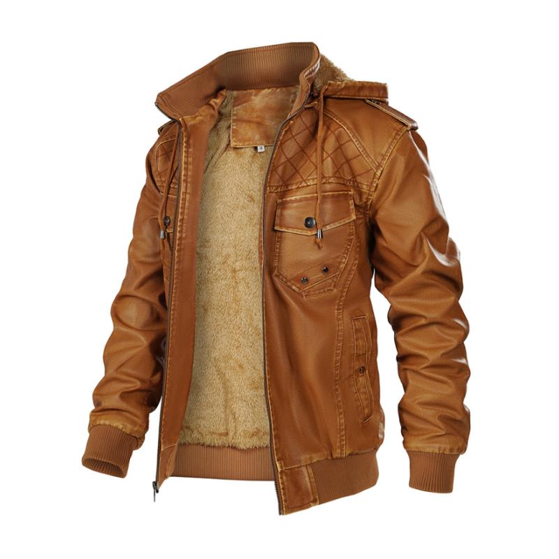 Men's Vintage Stand Collar Hooded Multi-Pocket Leather Jacket