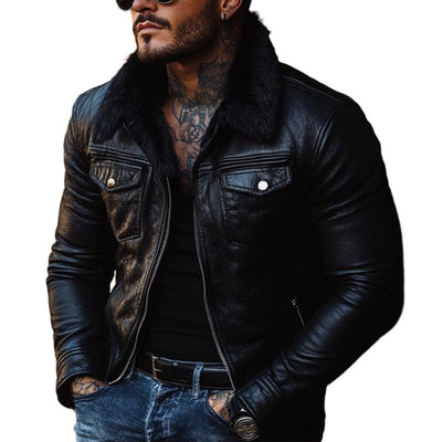 Men's Vintage Fur Collar Leather Jacket