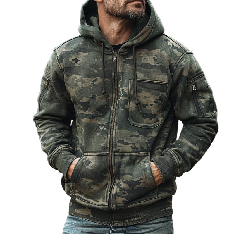 Men's Camouflage Print Chest Pocket Hooded Sweatshirt Jacket