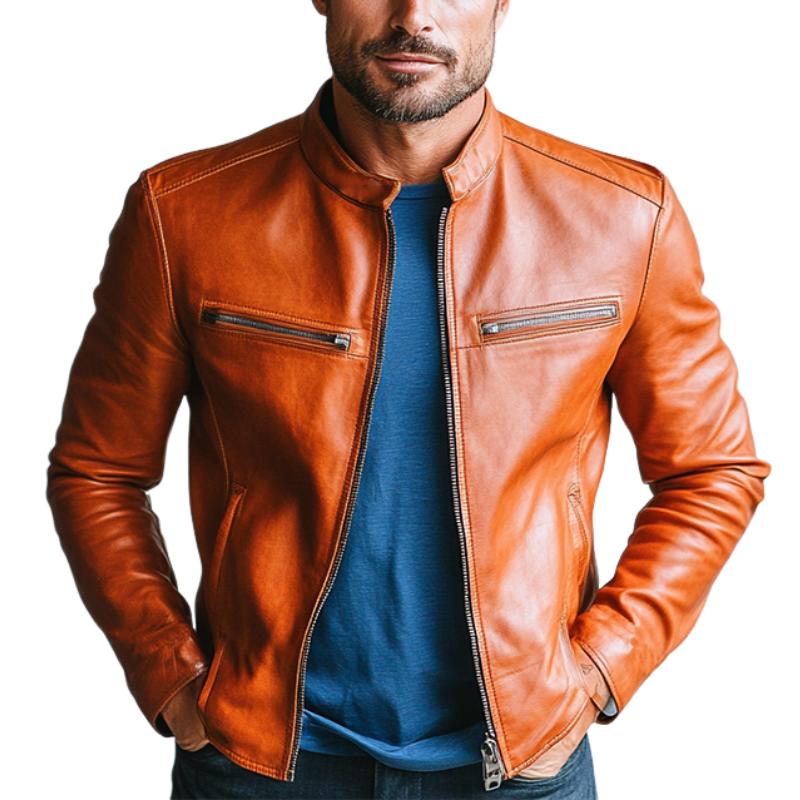 Men's Classic Casual Slim Stand Collar Leather Jacket