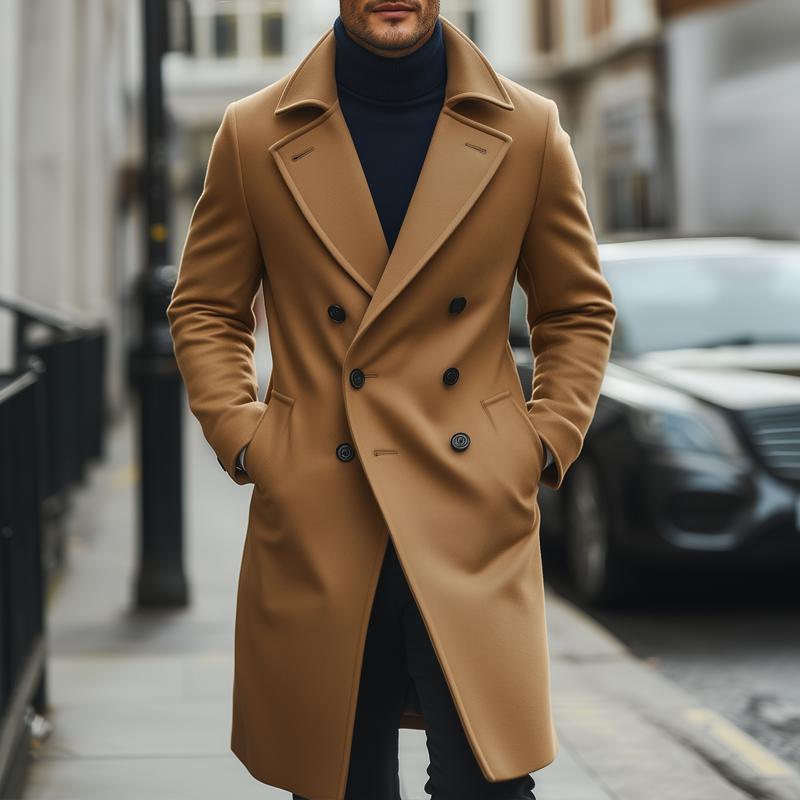Men's Fashion Solid Lapel Double Breasted Long Coat 87497080Z