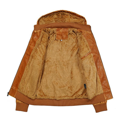 Men's Vintage Stand Collar Hooded Multi-Pocket Leather Jacket
