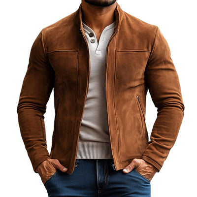 Men's Fashion Solid Color Suede Stand Collar Zipper Jacket
