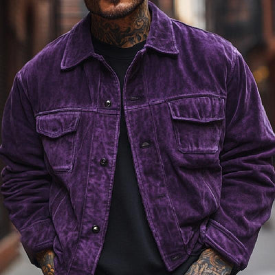 Men's Vintage Lapel Multi Pocket Solid Suede Jacket