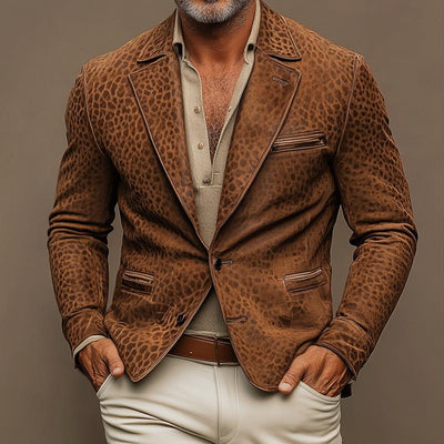 Vintage Leopard Suede Notch Lapel Multi-pocket Single Breasted Blazer