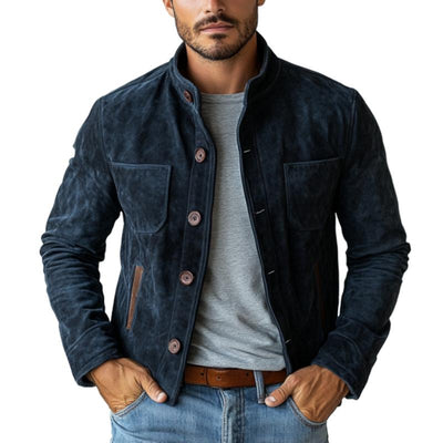 Men's Vintage Suede Buttons Multi-Pocket Stand Collar Jacket