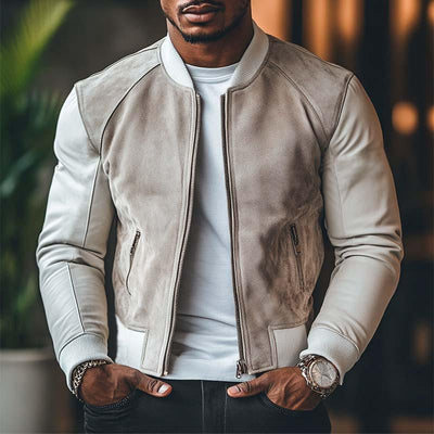 Men's Classic Casual Suede Stitching Slim Stand Collar Leather Jacket