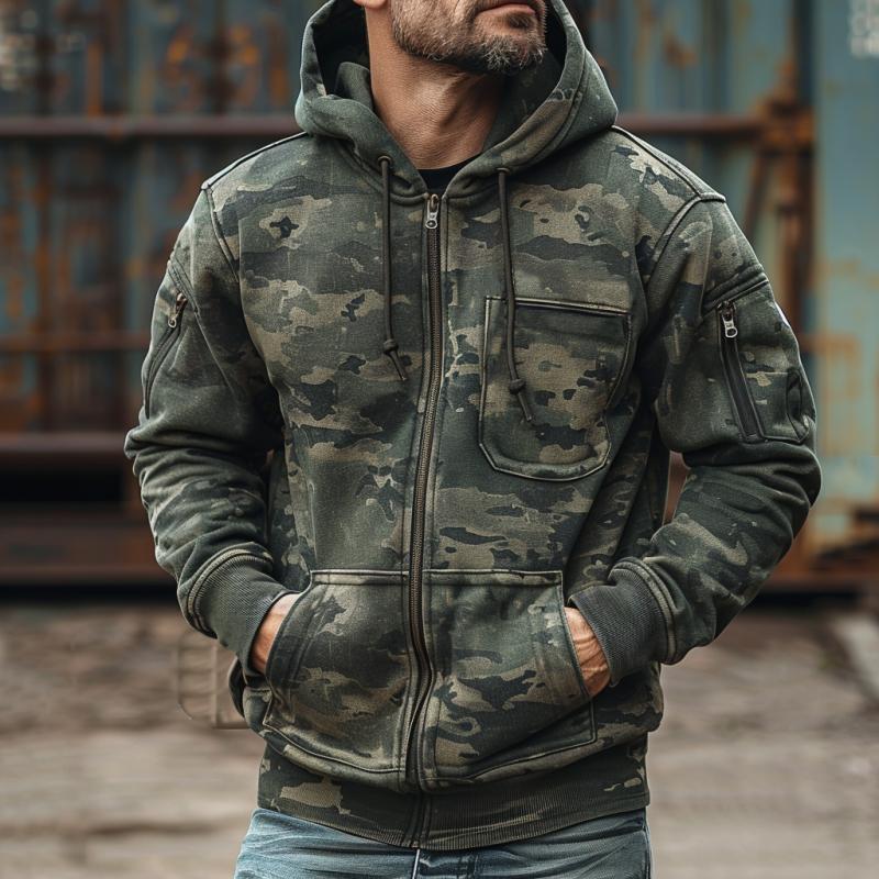 Men's Camouflage Print Chest Pocket Hooded Sweatshirt Jacket