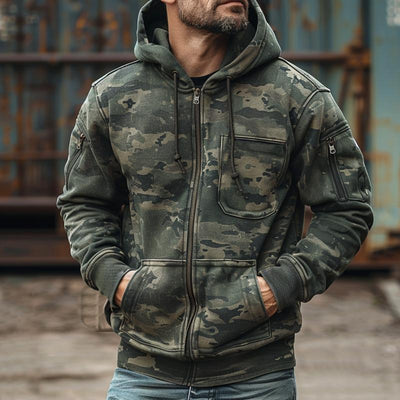 Men's Camouflage Print Chest Pocket Hooded Sweatshirt Jacket