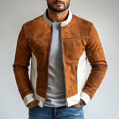 Men's Fashion Suede Colorblock Zipper Stand Collar Jacket