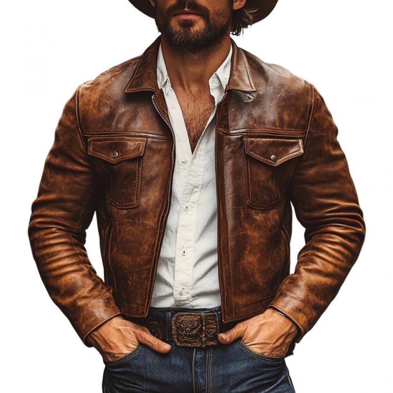 Men's Vintage Lapel Zipper Slim Fit Distressed Leather Jacket