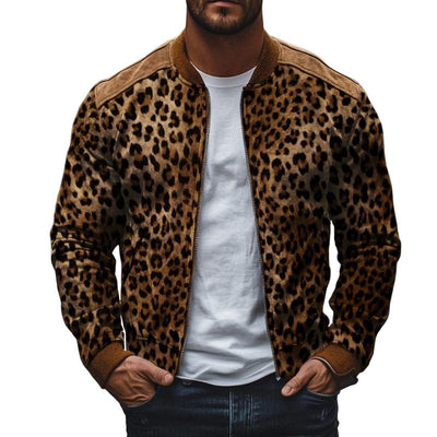 Men's Vintage Casual Leopard Print Zip-Up Bomber Jacket