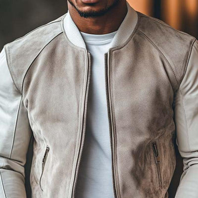 Men's Classic Casual Suede Stitching Slim Stand Collar Leather Jacket