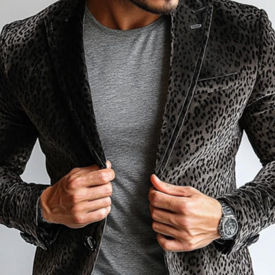 Vintage Velvet Leopard Print Peak Collar Single Breasted Blazer