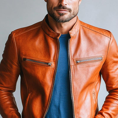 Men's Classic Casual Slim Stand Collar Leather Jacket