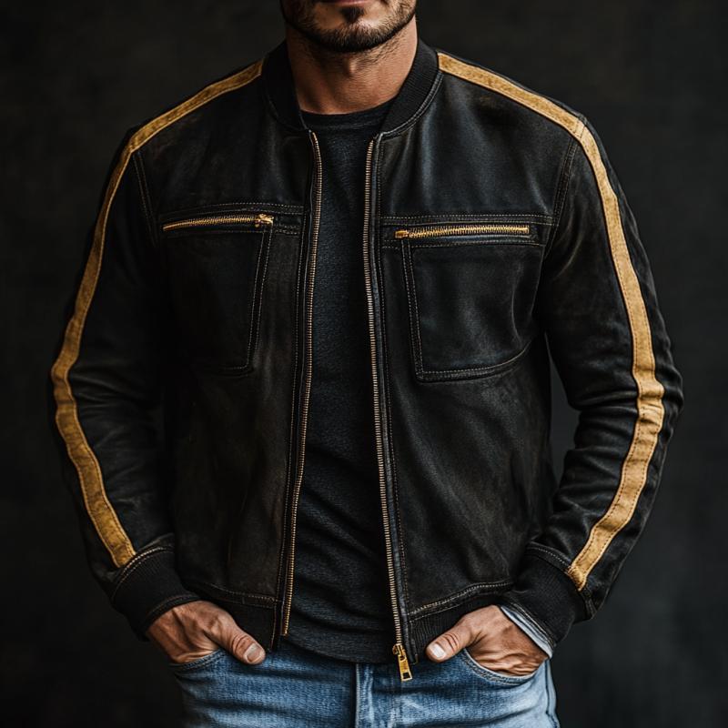 Men's Casual Color Matching Suede Chest Pocket Baseball Jacket