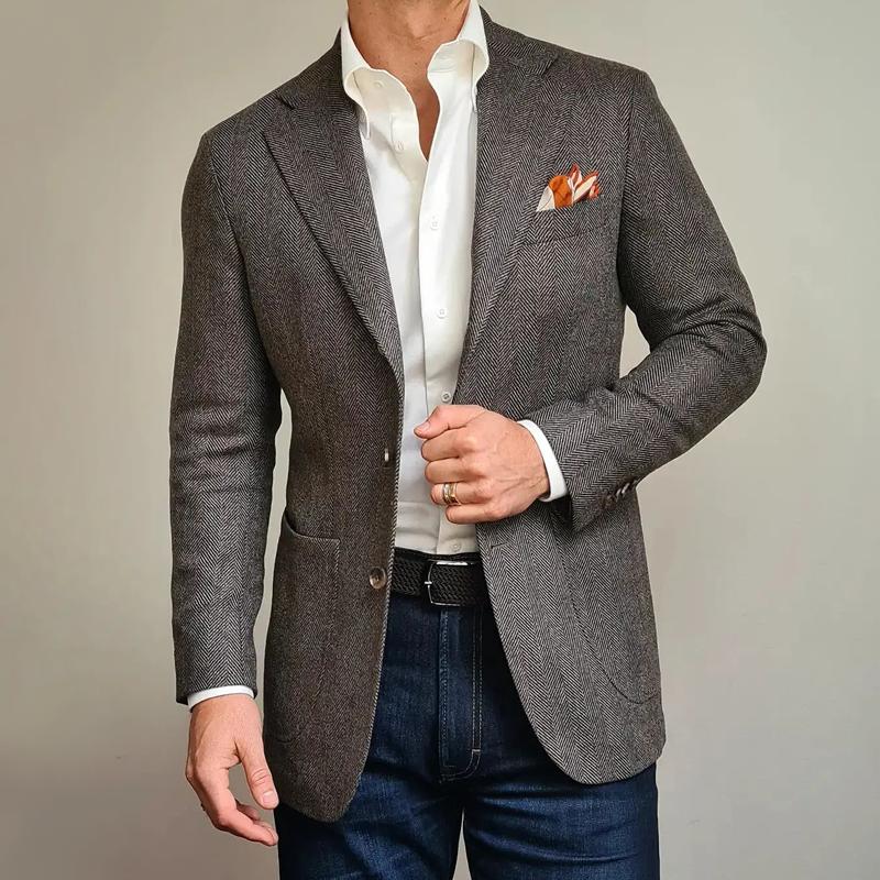 Vintage Herringbone Notch Lapel Two Buttons Slim Blazer