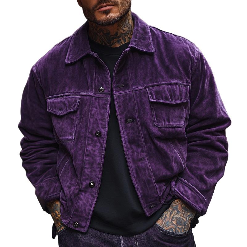 Men's Vintage Lapel Multi Pocket Solid Suede Jacket
