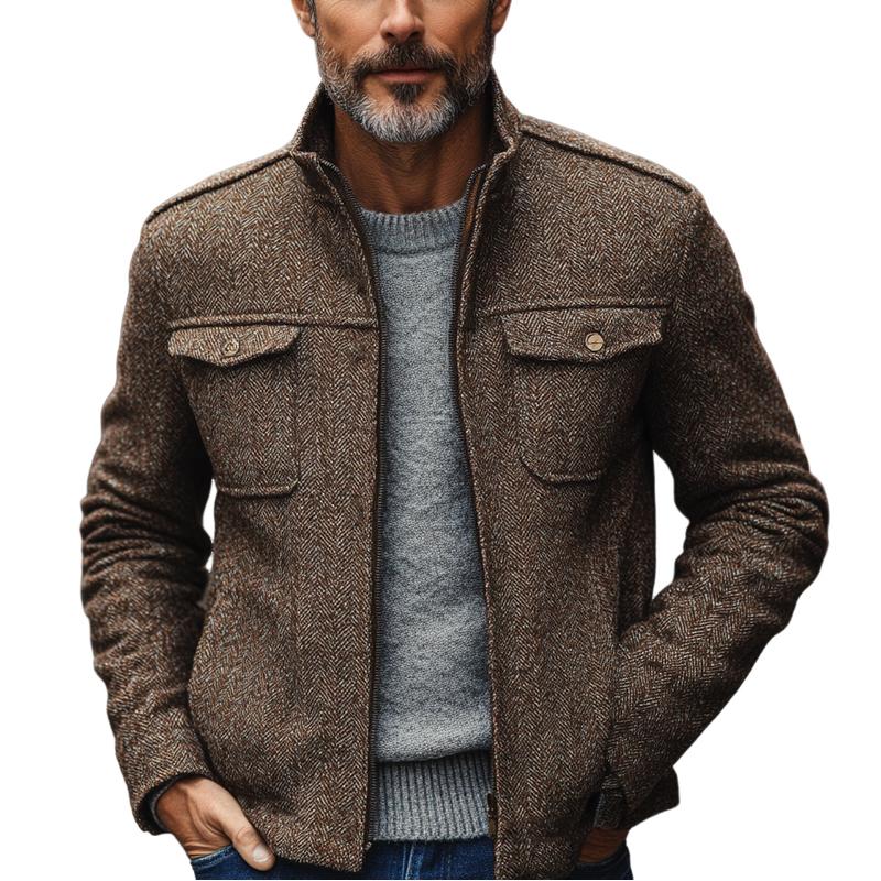 Men's Vintage Herringbone Stand Collar Double Chest Pockets Thin Jacket