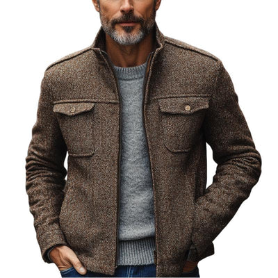 Men's Vintage Herringbone Stand Collar Double Chest Pockets Thin Jacket