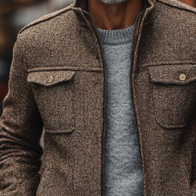 Men's Vintage Herringbone Stand Collar Double Chest Pockets Thin Jacket