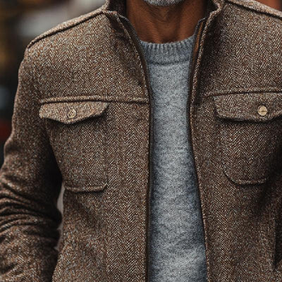 Men's Vintage Herringbone Stand Collar Double Chest Pockets Thin Jacket