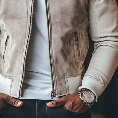 Men's Classic Casual Suede Stitching Slim Stand Collar Leather Jacket