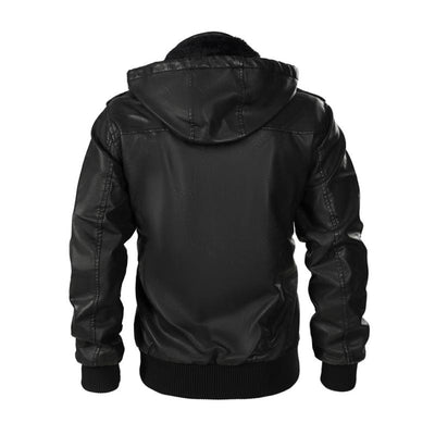 Men's Vintage Stand Collar Hooded Multi-Pocket Leather Jacket
