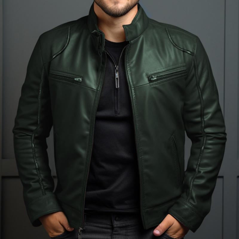 Men's Vintage Stand Collar Zipper Slim Leather Jacket