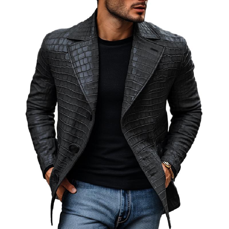 Vintage Stone Pattern Leather Notched Lapel Slim Fit Blazer