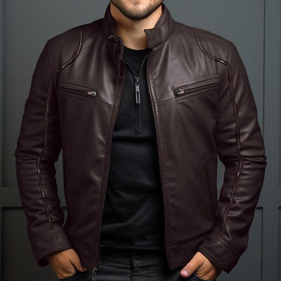 Men's Vintage Stand Collar Zipper Slim Leather Jacket
