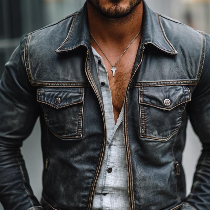 Men's Fashion Washed Distressed Lapel Chest Pocket Denim Jacket