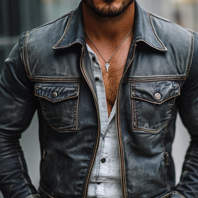 Men's Fashion Washed Distressed Lapel Chest Pocket Denim Jacket