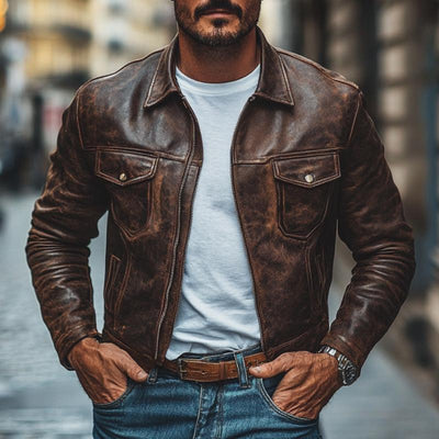 Men's Vintage Leather Distressed Lapel Zipper Slim Fit Jacket