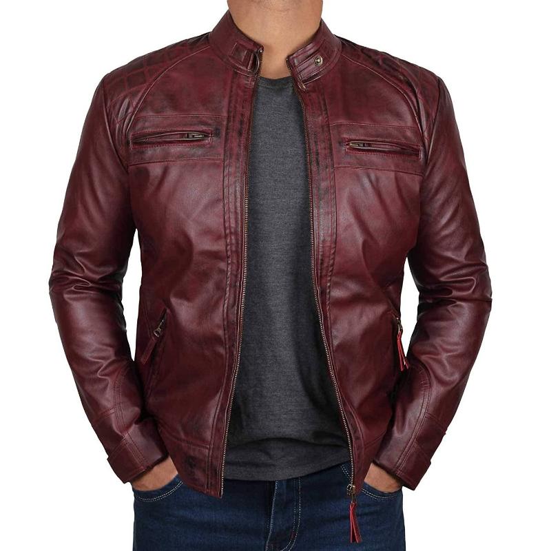 Men's Vintage Stand Collar Zipper Slim Fit Leather Biker Jacket