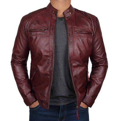 Men's Vintage Stand Collar Zipper Slim Fit Leather Biker Jacket