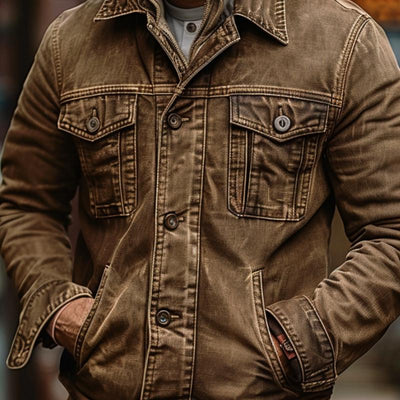 Men's Vintage Washed Denim Lapel Single Breasted Slim Fit Long Sleeve Jacket