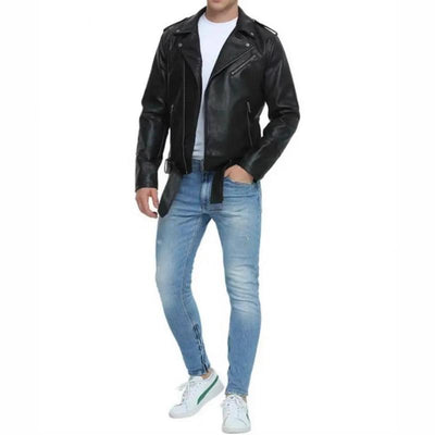 Men's Stylish Notch Lapel Zip-up Leather Motorcycle Jacket