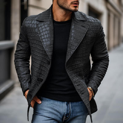 Vintage Stone Pattern Leather Notched Lapel Slim Fit Blazer