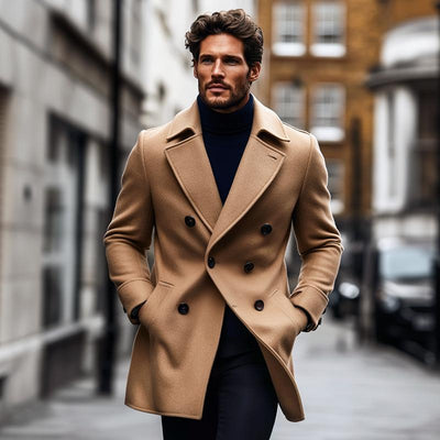 Men's Fashion Solid Lapel Double Breasted Mid-length Coat 21978924Z