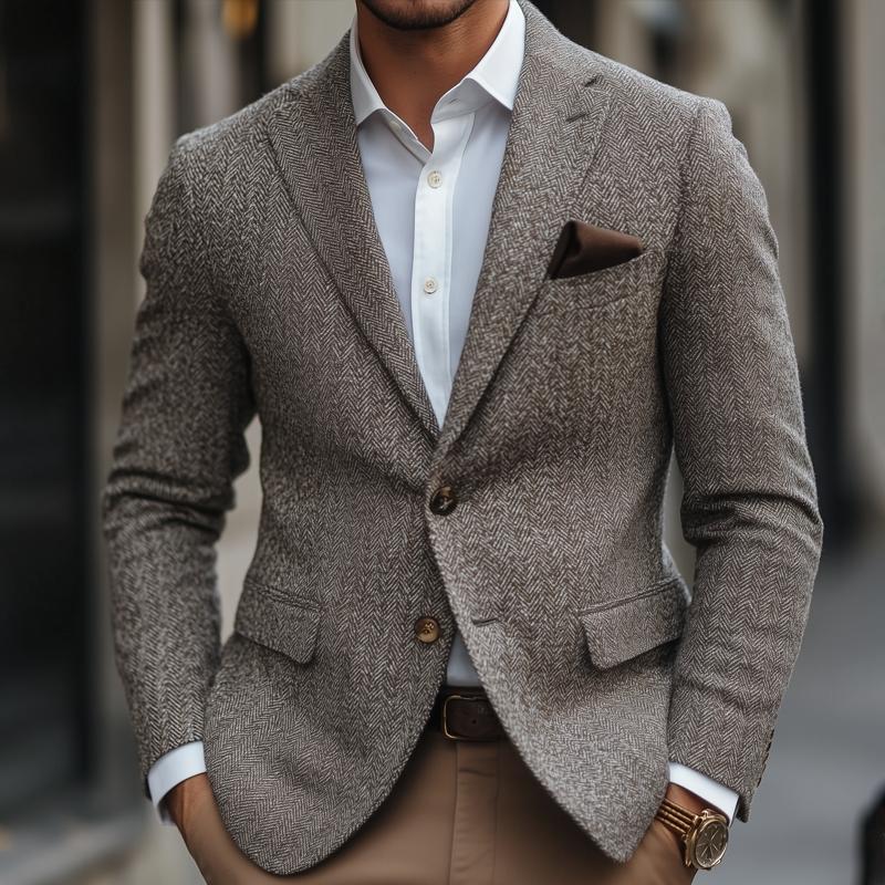 Vintage Herringbone Notch Lapel Two Buttons Slim Blazer