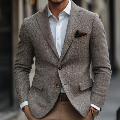 Vintage Herringbone Notch Lapel Two Buttons Slim Blazer