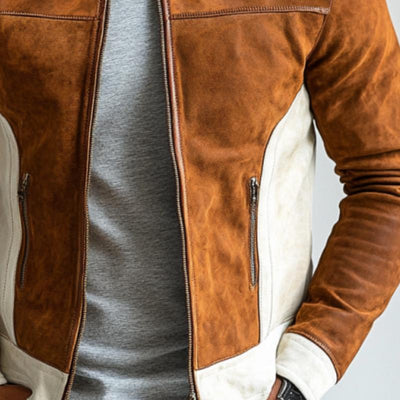 Men's Fashion Suede Colorblock Zipper Stand Collar Jacket
