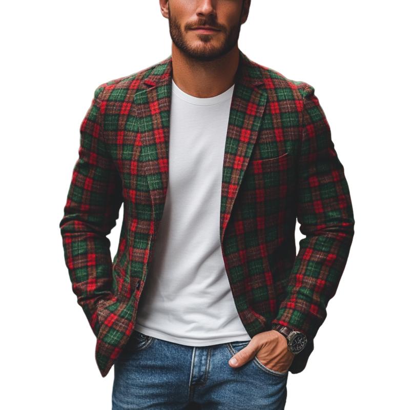 Casual Notch Lapel Contrast Color Christmas Plaid Single-breasted Blazer