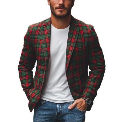 Casual Notch Lapel Contrast Color Christmas Plaid Single-breasted Blazer