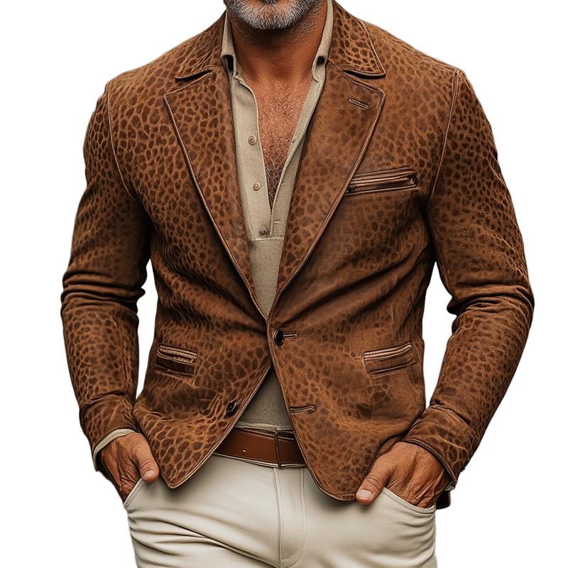Vintage Leopard Suede Notch Lapel Multi-pocket Single Breasted Blazer